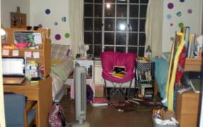 dorm room with fan